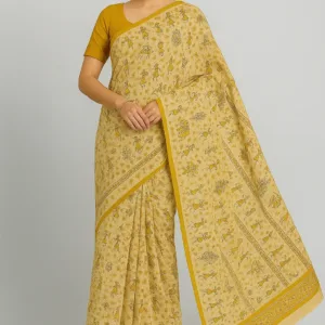 Khadi Cotton Saree -Cream & Mustard Warli